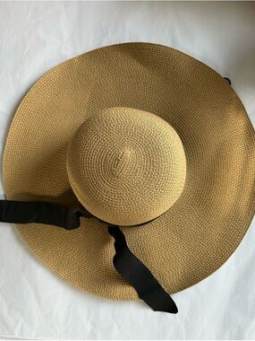 Wide-Brim Straw Sun Hat with Black Ribbon Tie